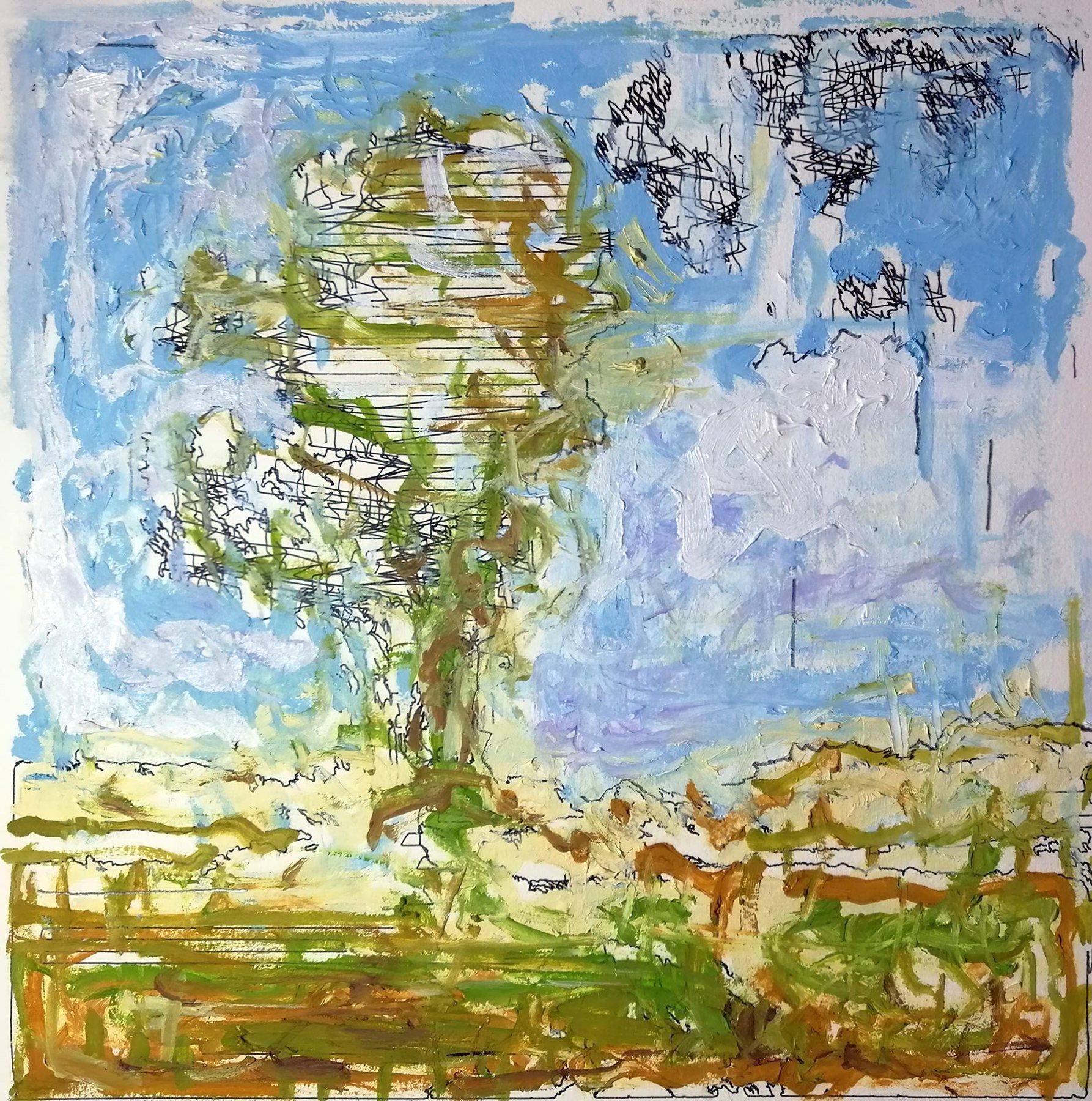A tree emerging from layers of lines and oil paint