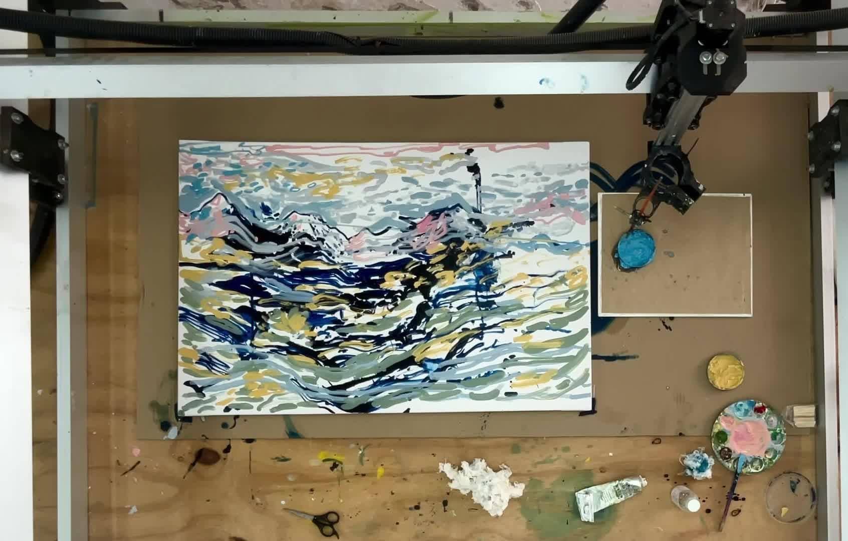 Top view of the plotter painting a seascape
